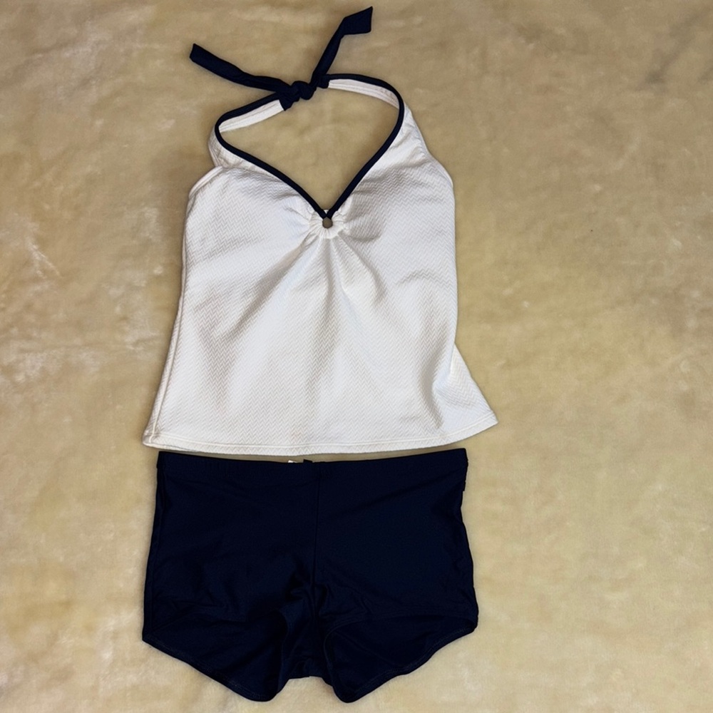 White and Navy Halter Tankini Set